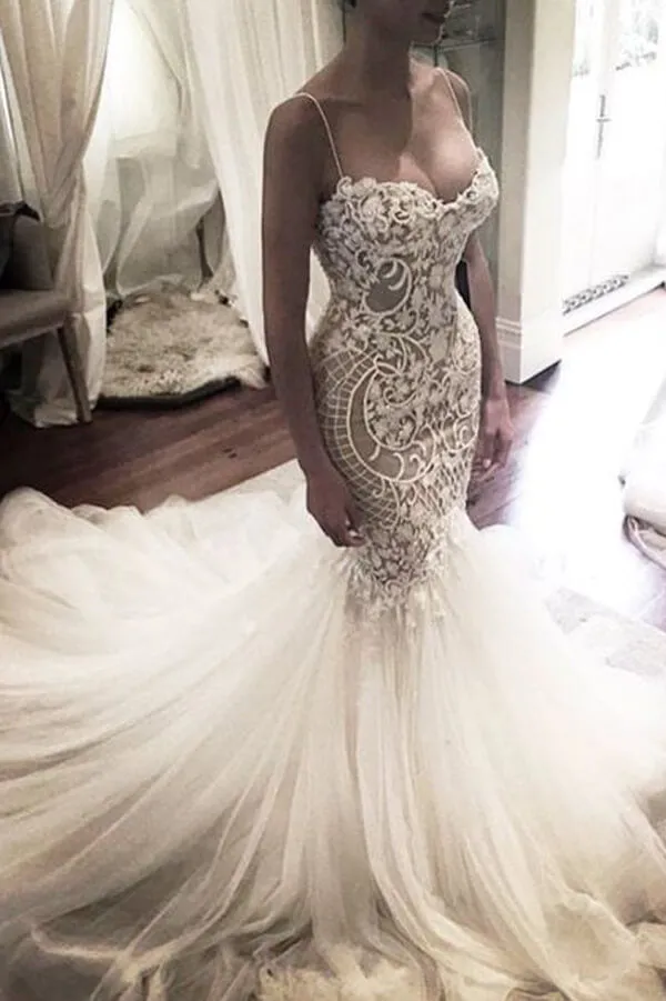 Roycebridal Mermaid Lace Spaghetti Straps Sweetheart Wedding Dresses, Bridal Dress, MW551