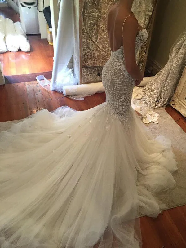 Roycebridal Mermaid Lace Spaghetti Straps Sweetheart Wedding Dresses, Bridal Dress, MW551