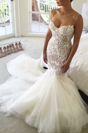 Roycebridal Mermaid Lace Spaghetti Straps Sweetheart Wedding Dresses, Bridal Dress, MW551