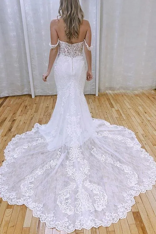 Roycebridal Mermaid Off-the-Shoulder Lace Appliques Wedding Dresses With Train, MW760