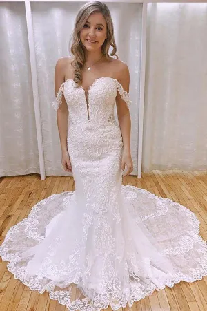 Roycebridal Mermaid Off-the-Shoulder Lace Appliques Wedding Dresses With Train, MW760