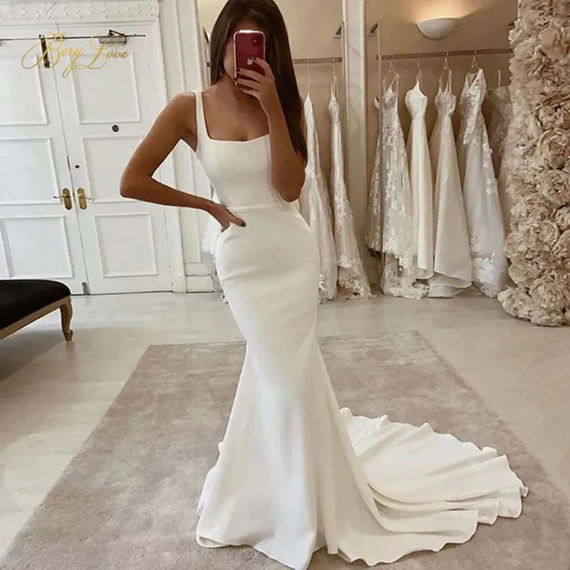 Roycebridal Mermaid Square Neck Wedding Dresses With Train, Satin Wedding Gowns, MW705