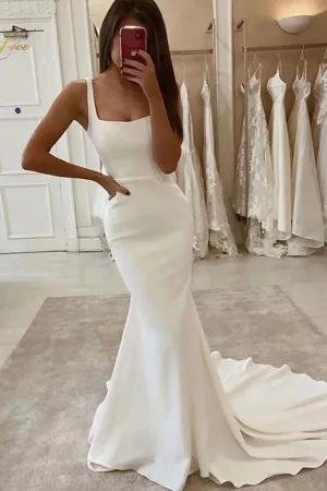Roycebridal Mermaid Square Neck Wedding Dresses With Train, Satin Wedding Gowns, MW705