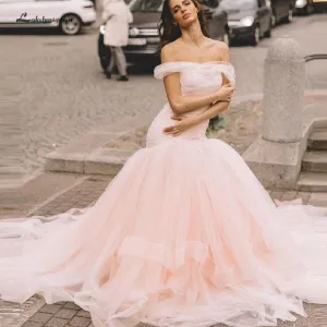 Roycebridal Pink Tulle Mermaid Wedding Dress Women Off the Shoulder