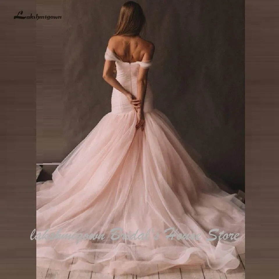 Roycebridal Pink Tulle Mermaid Wedding Dress Women Off the Shoulder