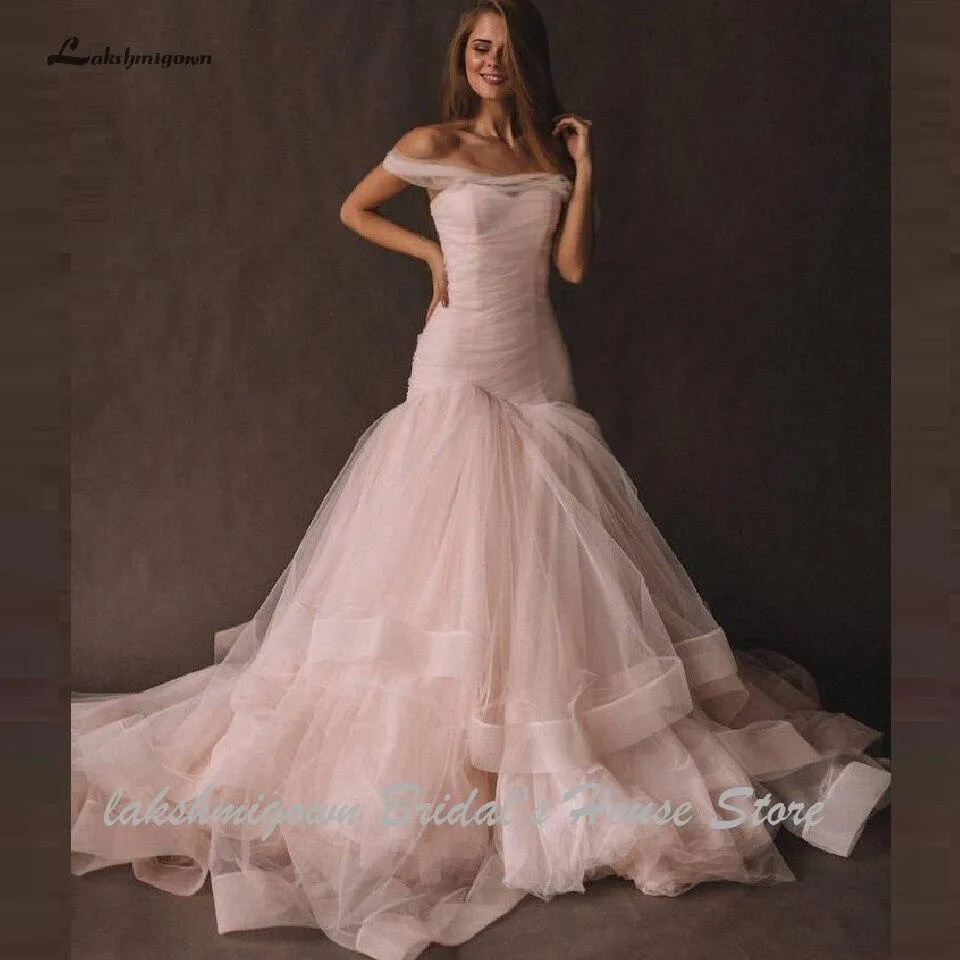 Roycebridal Pink Tulle Mermaid Wedding Dress Women Off the Shoulder