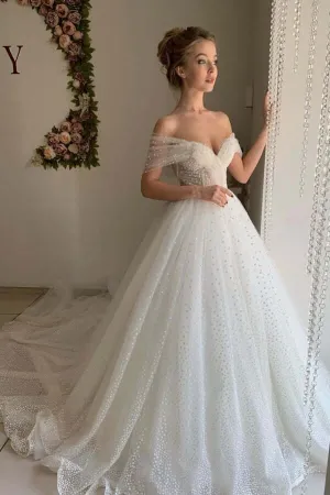 Roycebridal Shiny Ivory Tulle A-line Off Shoulder Wedding Dresses, Bridal Gowns, MW849