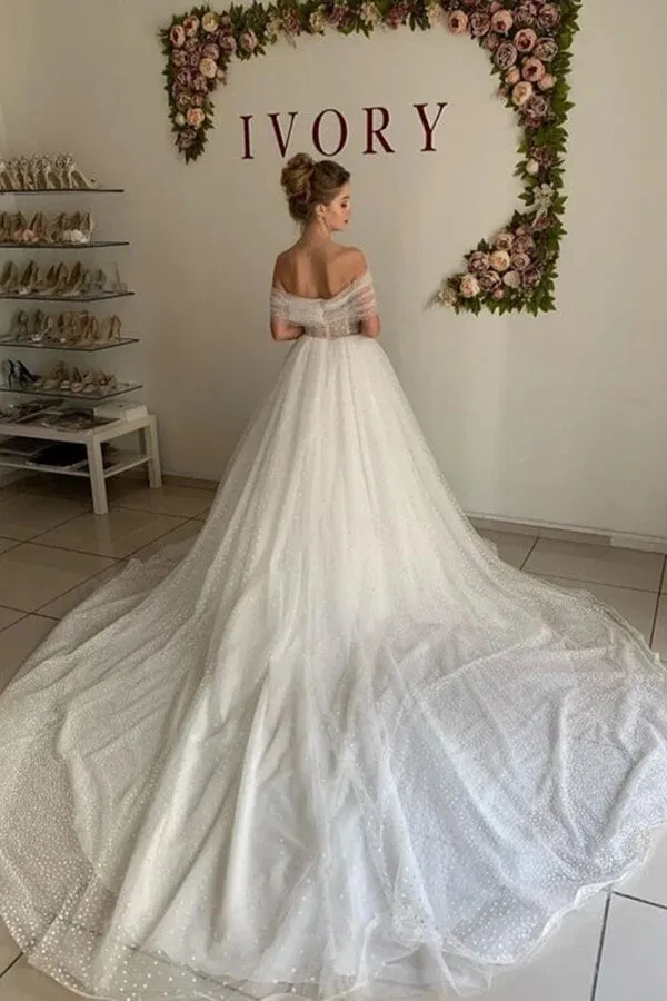 Roycebridal Shiny Ivory Tulle A-line Off Shoulder Wedding Dresses, Bridal Gowns, MW849