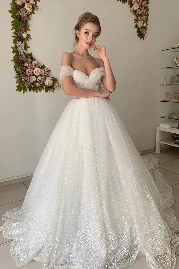 Roycebridal Shiny Ivory Tulle A-line Off Shoulder Wedding Dresses, Bridal Gowns, MW849