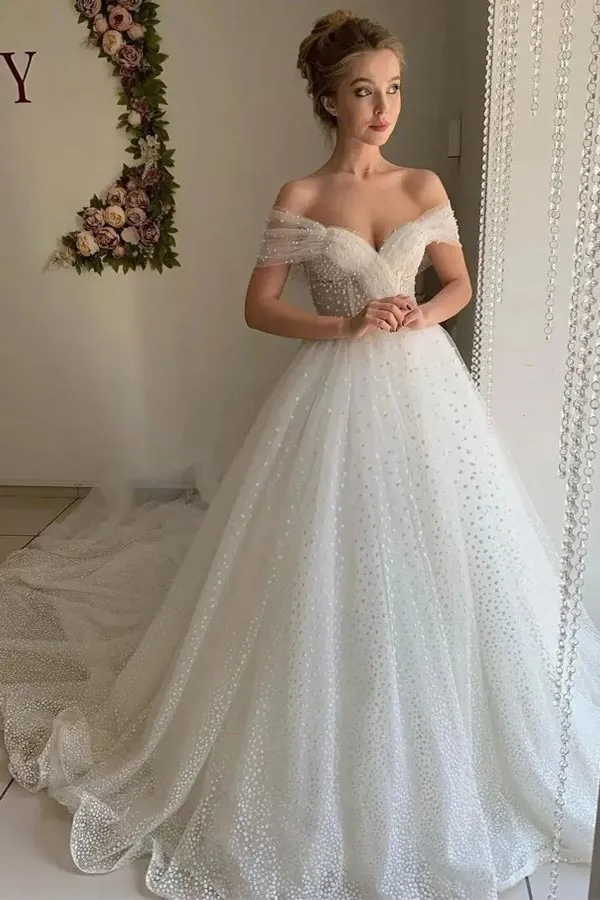 Roycebridal Shiny Ivory Tulle A-line Off Shoulder Wedding Dresses, Bridal Gowns, MW849