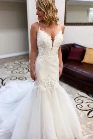 Roycebridal Tulle Mermaid Lace V-neck Spaghetti Straps Wedding Dresses With Train, MW902