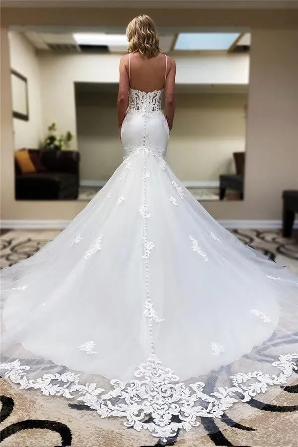 Roycebridal Tulle Mermaid Lace V-neck Spaghetti Straps Wedding Dresses With Train, MW902