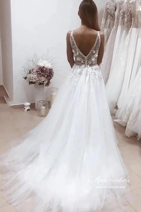 Roycebridal White Tulle A-line Deep V-neck Wedding Dresses With Lace Appliques, MW946