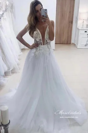Roycebridal White Tulle A-line Deep V-neck Wedding Dresses With Lace Appliques, MW946