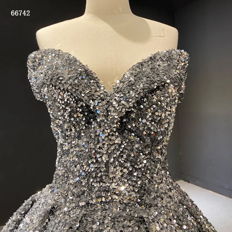 RSM66742-1 Off Shoulder Sequin Luxurious High Quality Women Ball Gown Evening Dress