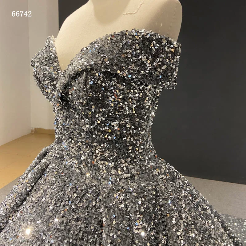 RSM66742-1 Off Shoulder Sequin Luxurious High Quality Women Ball Gown Evening Dress