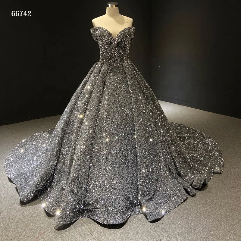 RSM66742-1 Off Shoulder Sequin Luxurious High Quality Women Ball Gown Evening Dress