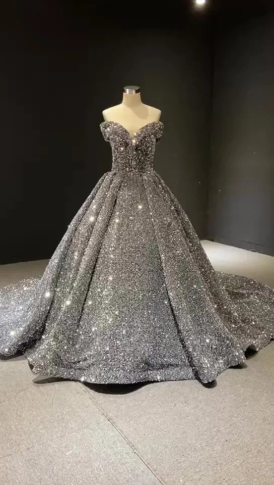 RSM66742-1 Off Shoulder Sequin Luxurious High Quality Women Ball Gown Evening Dress
