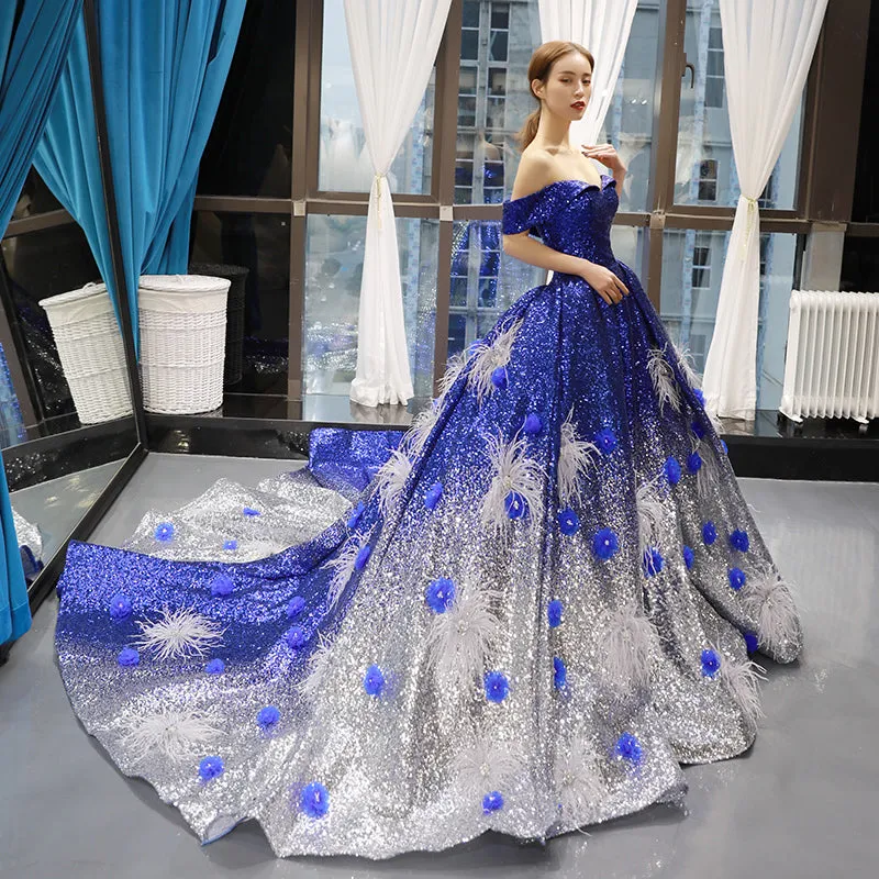 RSM66748 real gradient color blue feather pattern off shoulder luxury lady evening dress