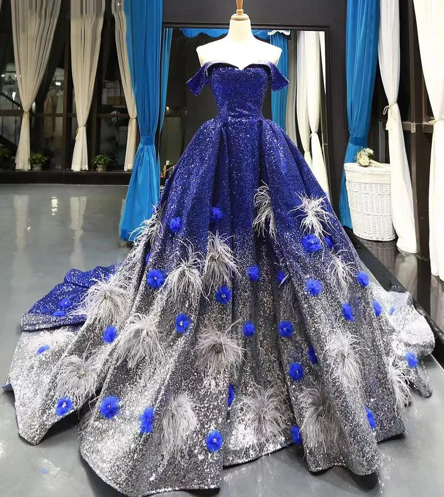 RSM66748 real gradient color blue feather pattern off shoulder luxury lady evening dress