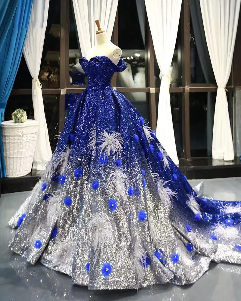 RSM66748 real gradient color blue feather pattern off shoulder luxury lady evening dress
