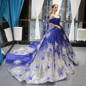 RSM66748 real gradient color blue feather pattern off shoulder luxury lady evening dress