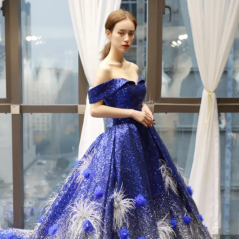 RSM66748 real gradient color blue feather pattern off shoulder luxury lady evening dress