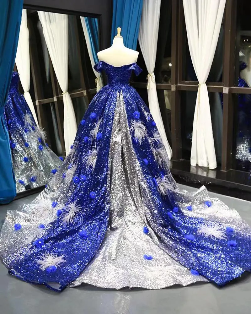 RSM66748 real gradient color blue feather pattern off shoulder luxury lady evening dress