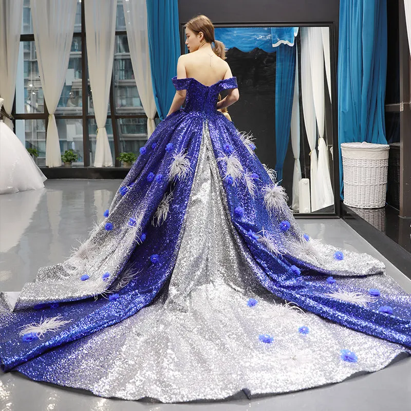 RSM66748 real gradient color blue feather pattern off shoulder luxury lady evening dress