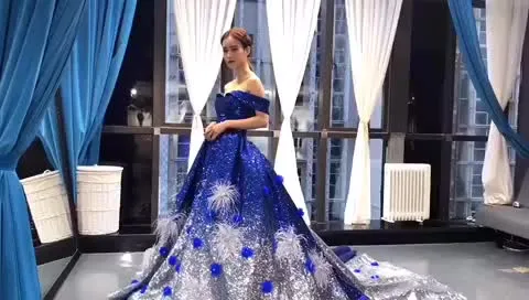 RSM66748 real gradient color blue feather pattern off shoulder luxury lady evening dress