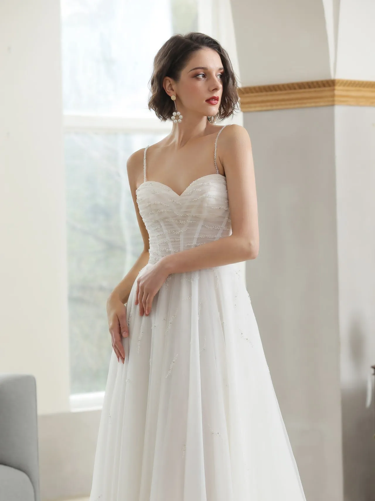 Ruched Bodice with Pearl Detailing A-Line Wedding Dress Avery
