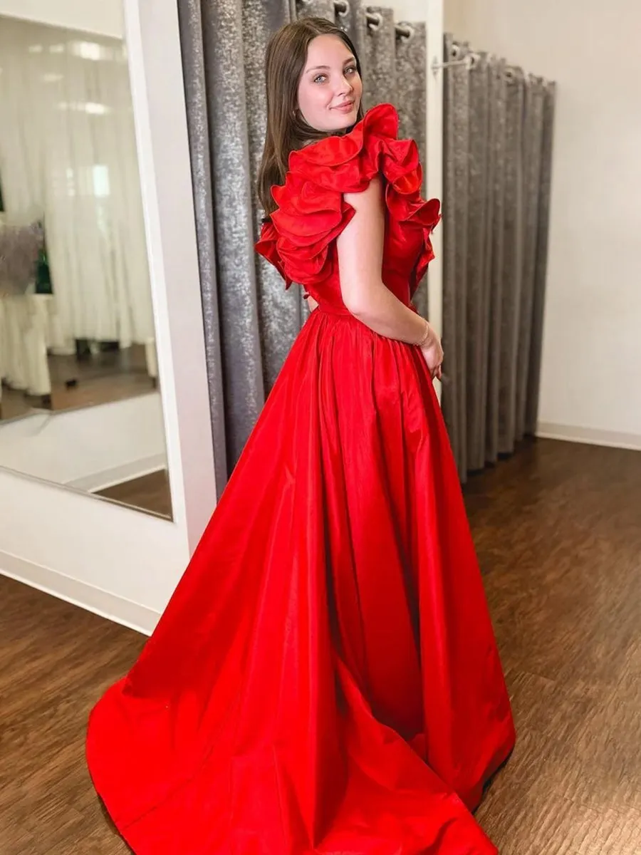 Ruffle V Neck Satin A-line Long Prom Dresses