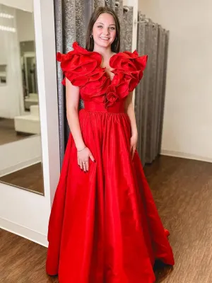 Ruffle V Neck Satin A-line Long Prom Dresses