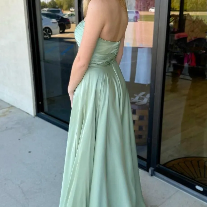 Sage Strapless Twisted Knot Maxi Bridesmaid Dresses