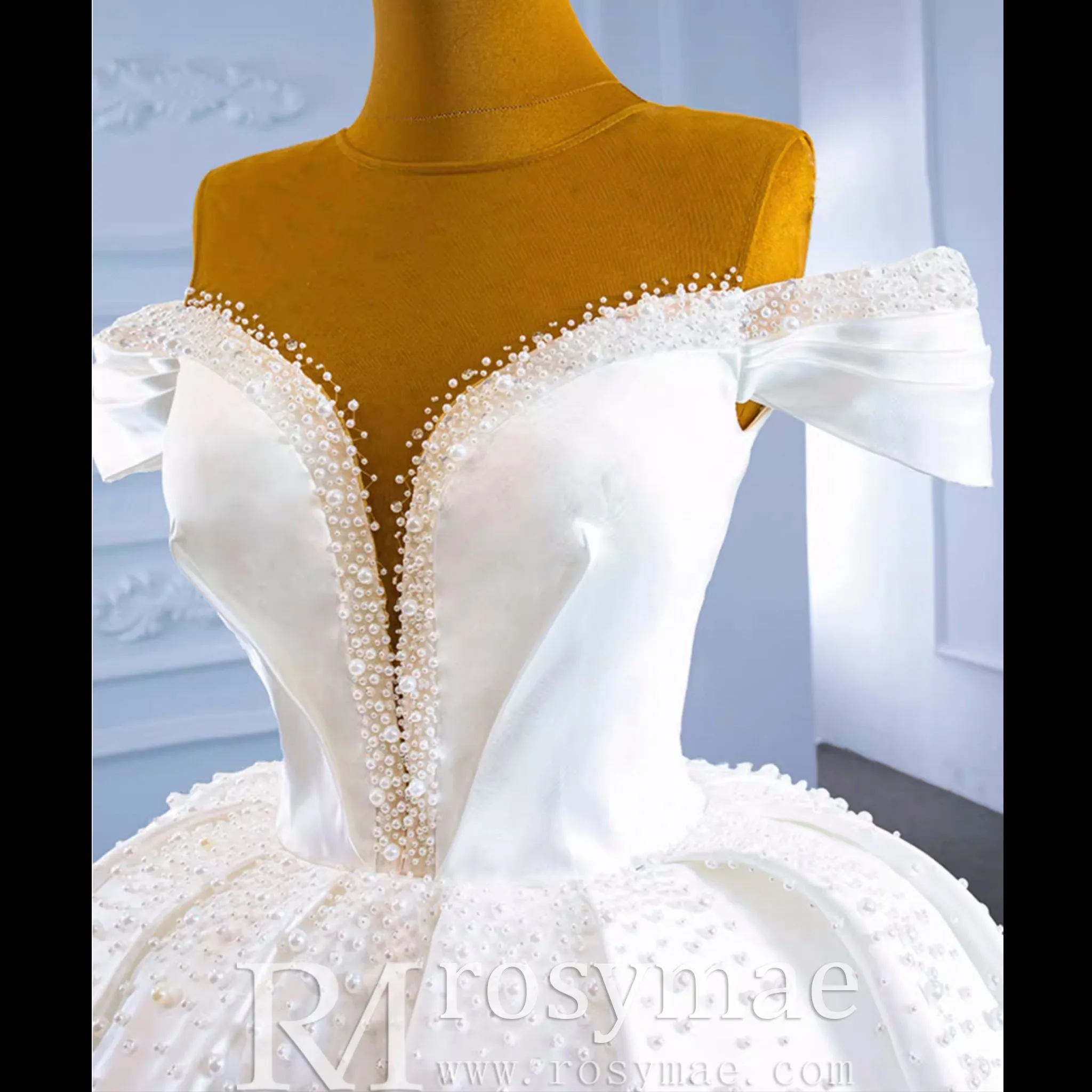 Satin Ball Gown Off the Shoulder Wedding Dress with Pearls