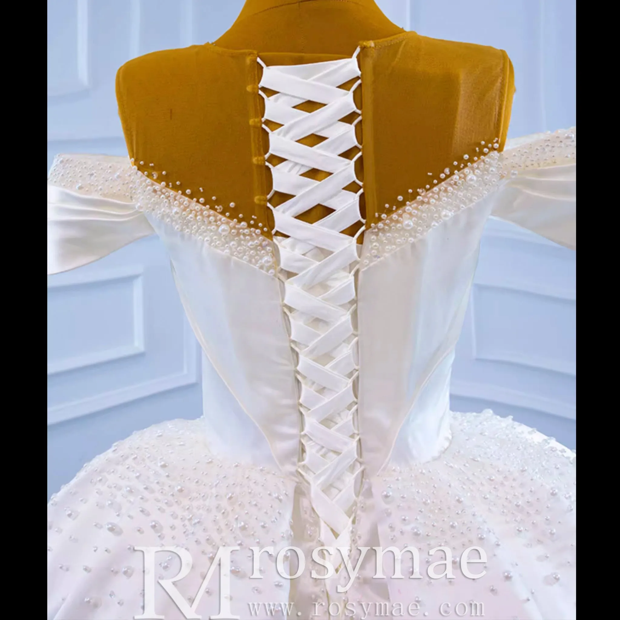 Satin Ball Gown Off the Shoulder Wedding Dress with Pearls