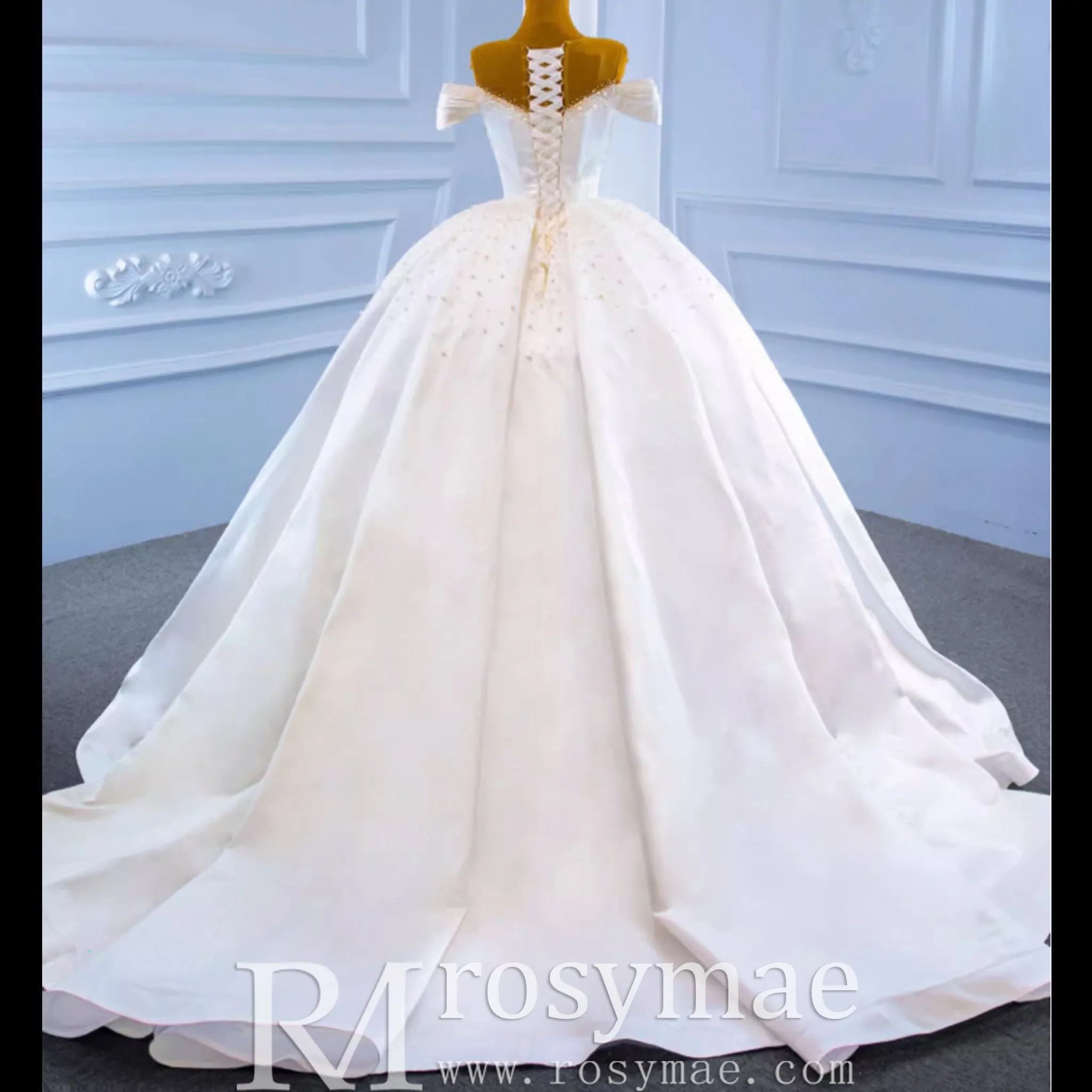 Satin Ball Gown Off the Shoulder Wedding Dress with Pearls