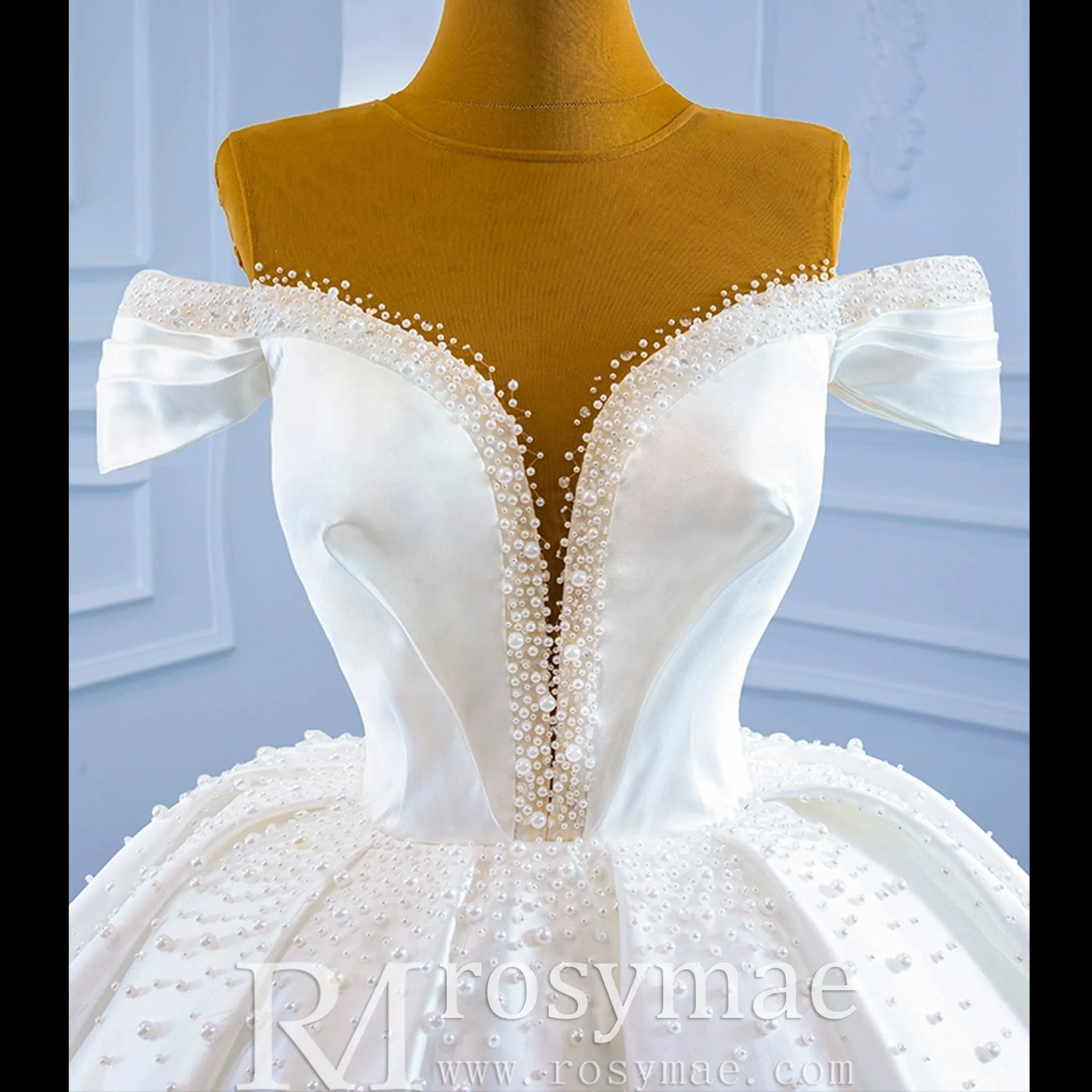 Satin Ball Gown Off the Shoulder Wedding Dress with Pearls