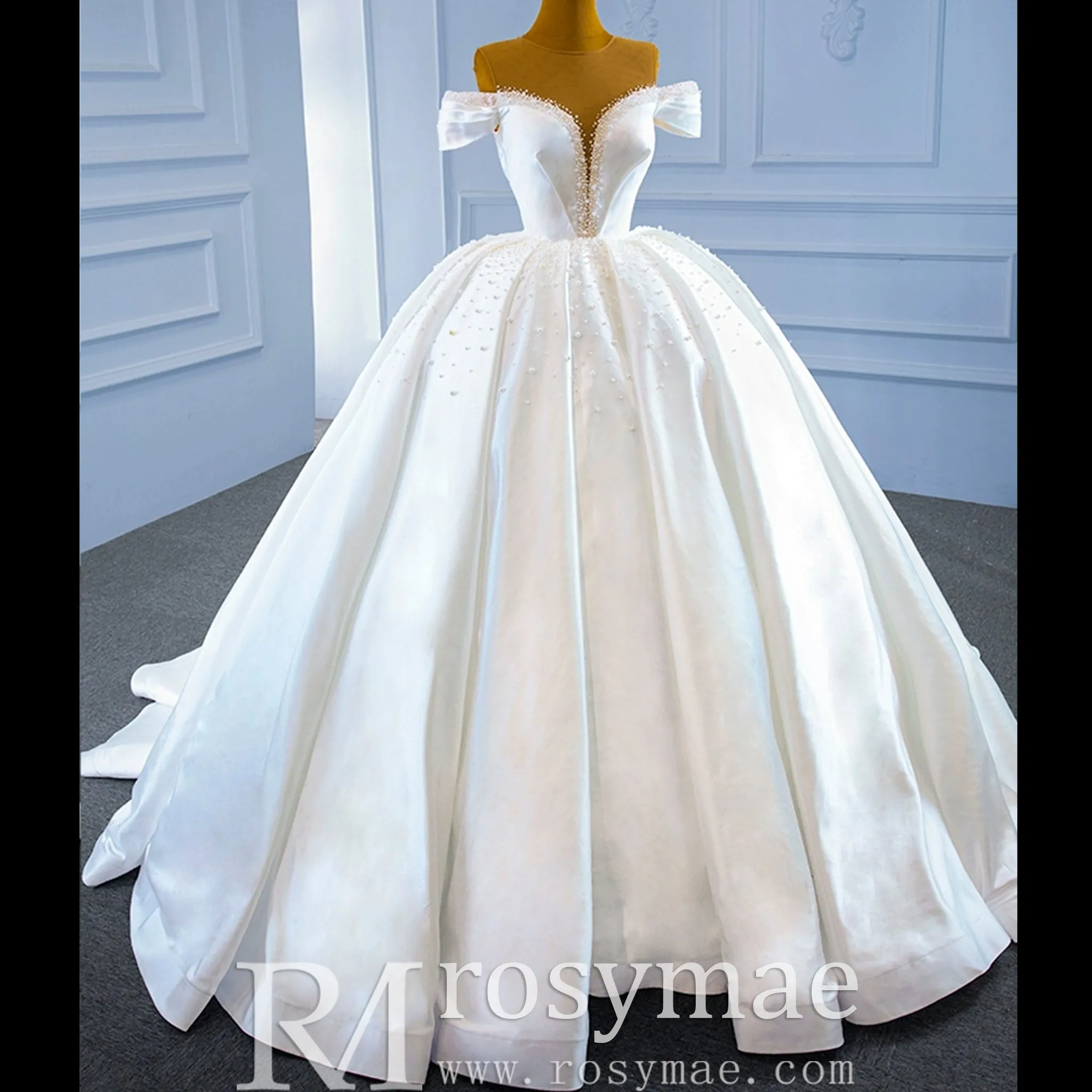 Satin Ball Gown Off the Shoulder Wedding Dress with Pearls