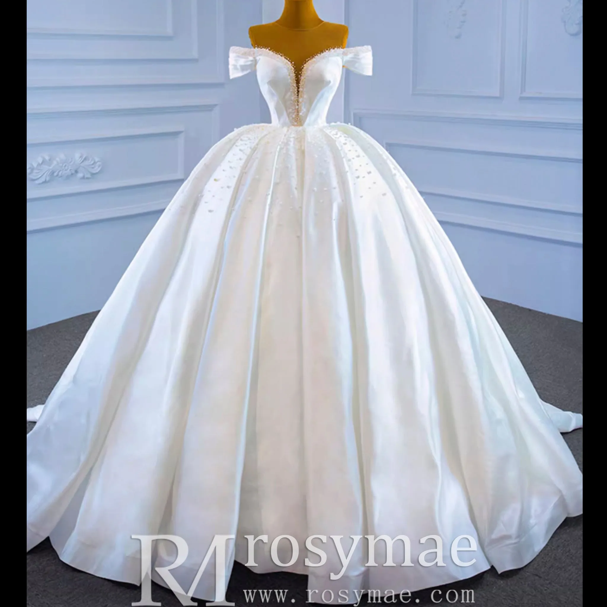 Satin Ball Gown Off the Shoulder Wedding Dress with Pearls