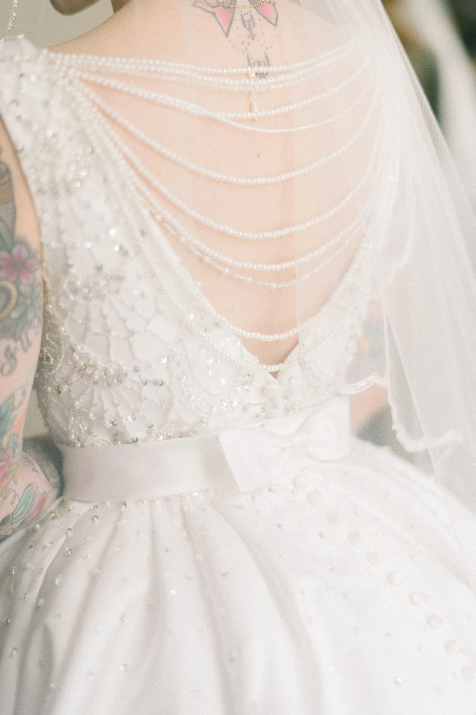 Satin Beaded Bodice Full A-Line Wedding Dress Teal with Pearl Details