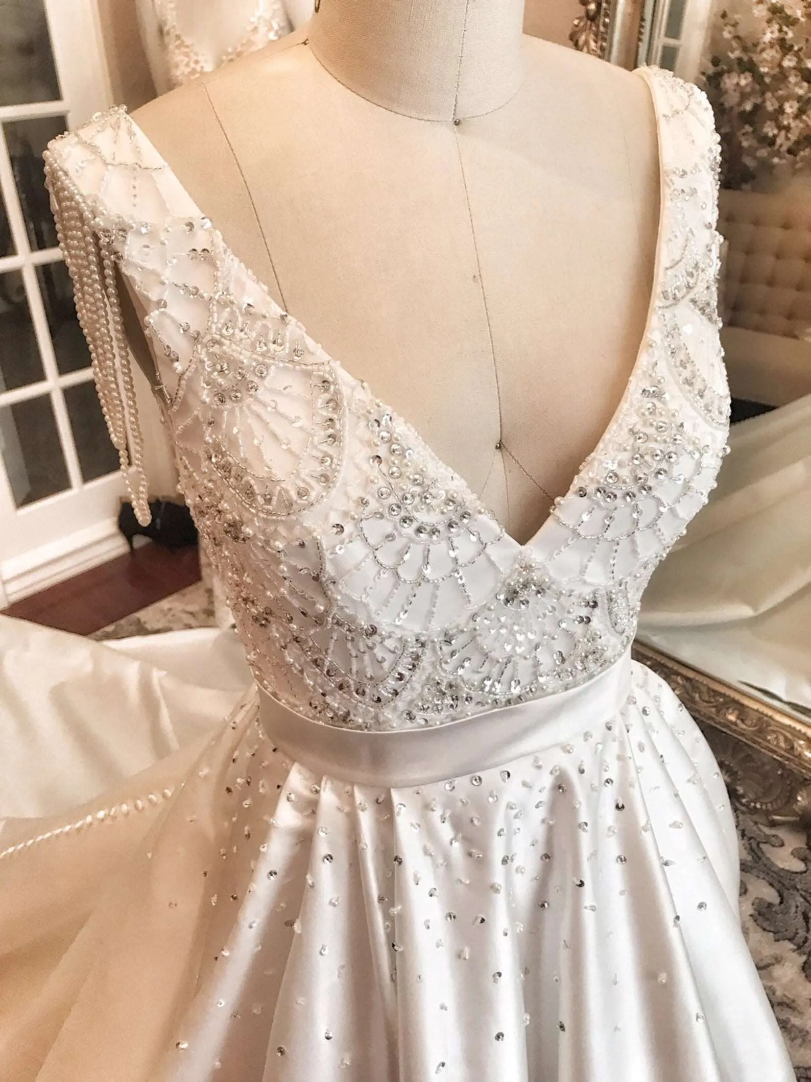 Satin Beaded Bodice Full A-Line Wedding Dress Teal with Pearl Details