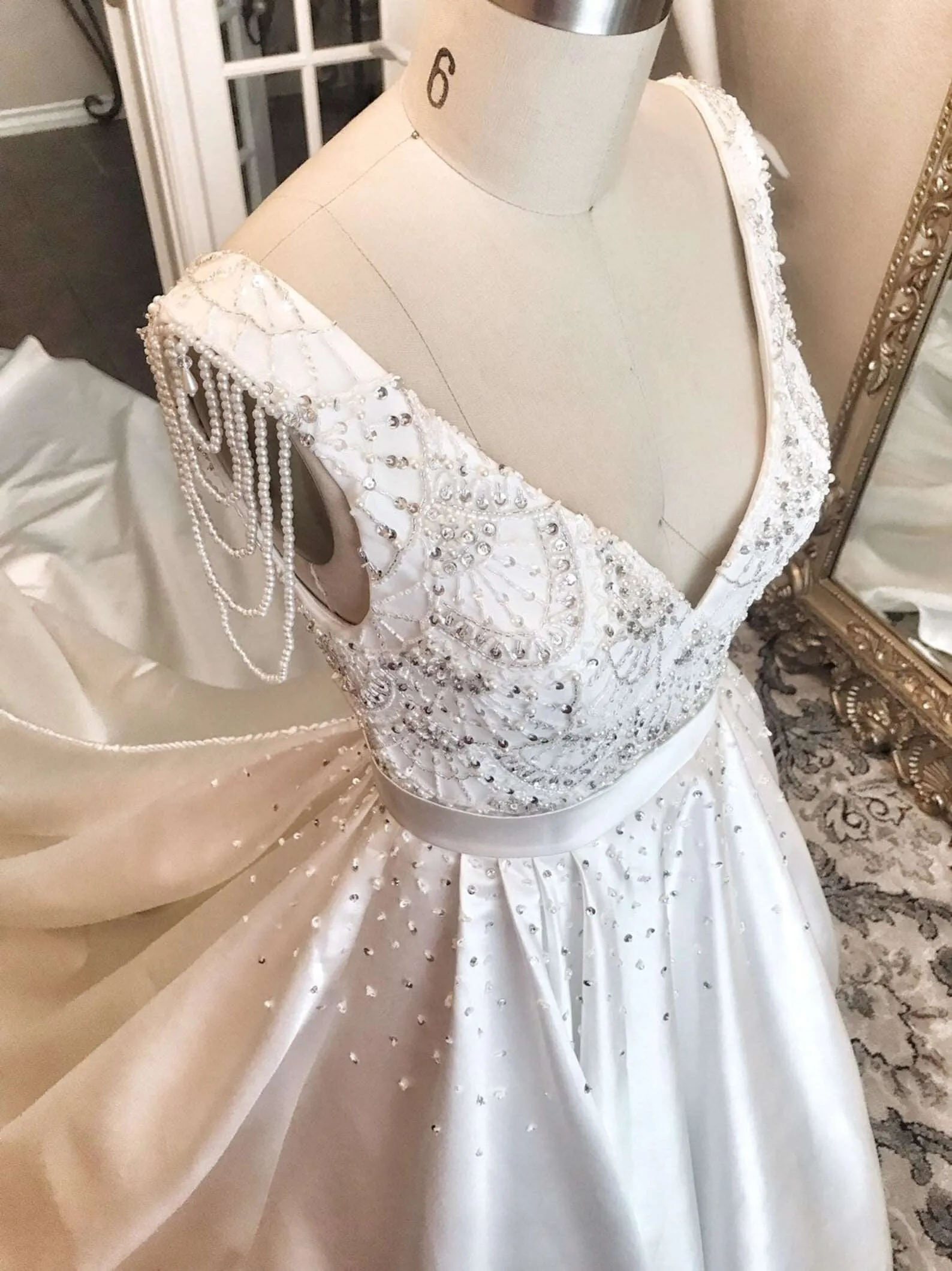Satin Beaded Bodice Full A-Line Wedding Dress Teal with Pearl Details