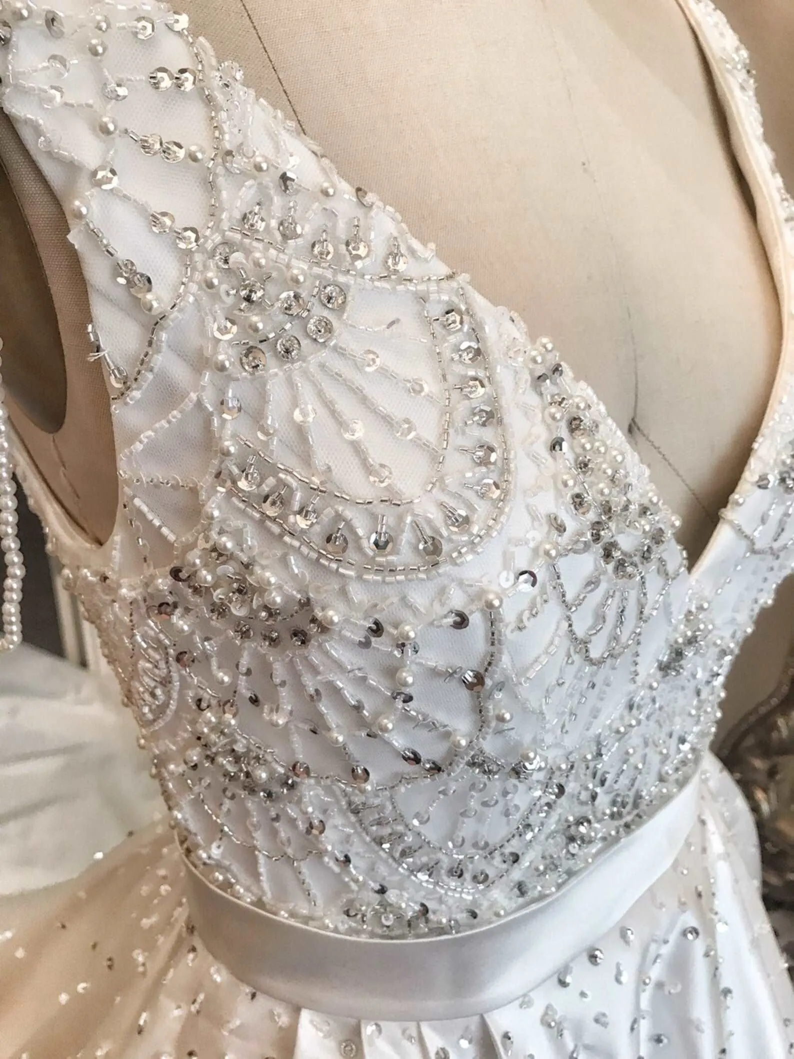 Satin Beaded Bodice Full A-Line Wedding Dress Teal with Pearl Details