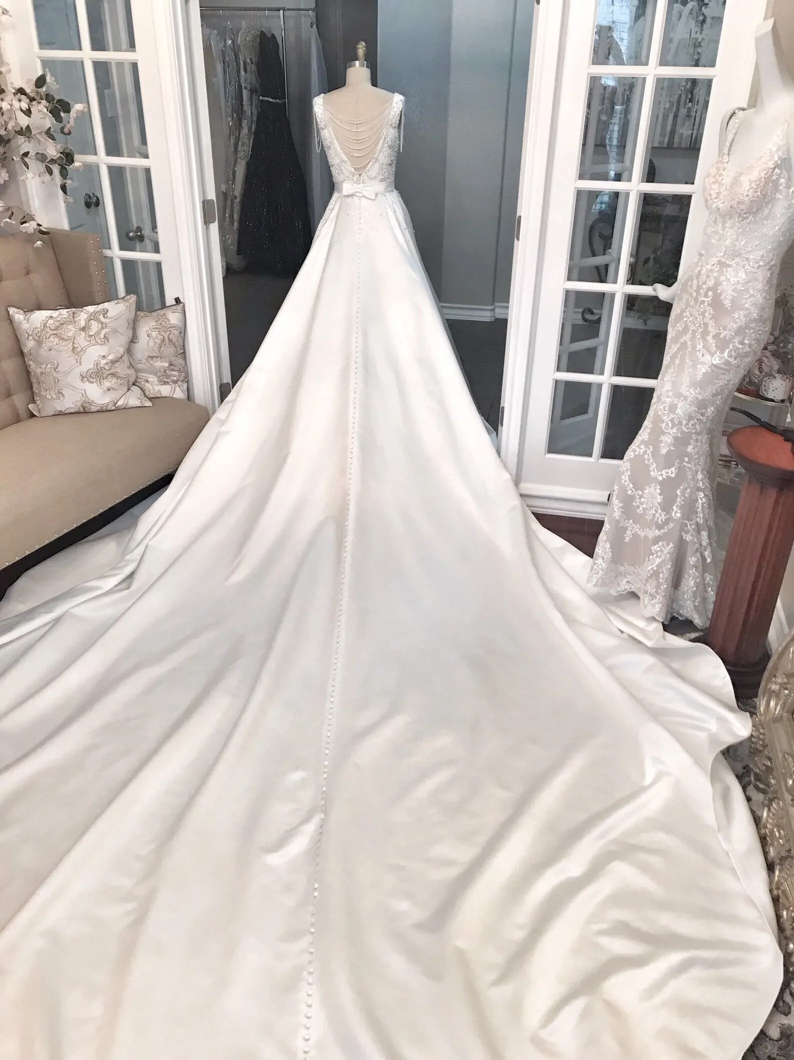 Satin Beaded Bodice Full A-Line Wedding Dress Teal with Pearl Details