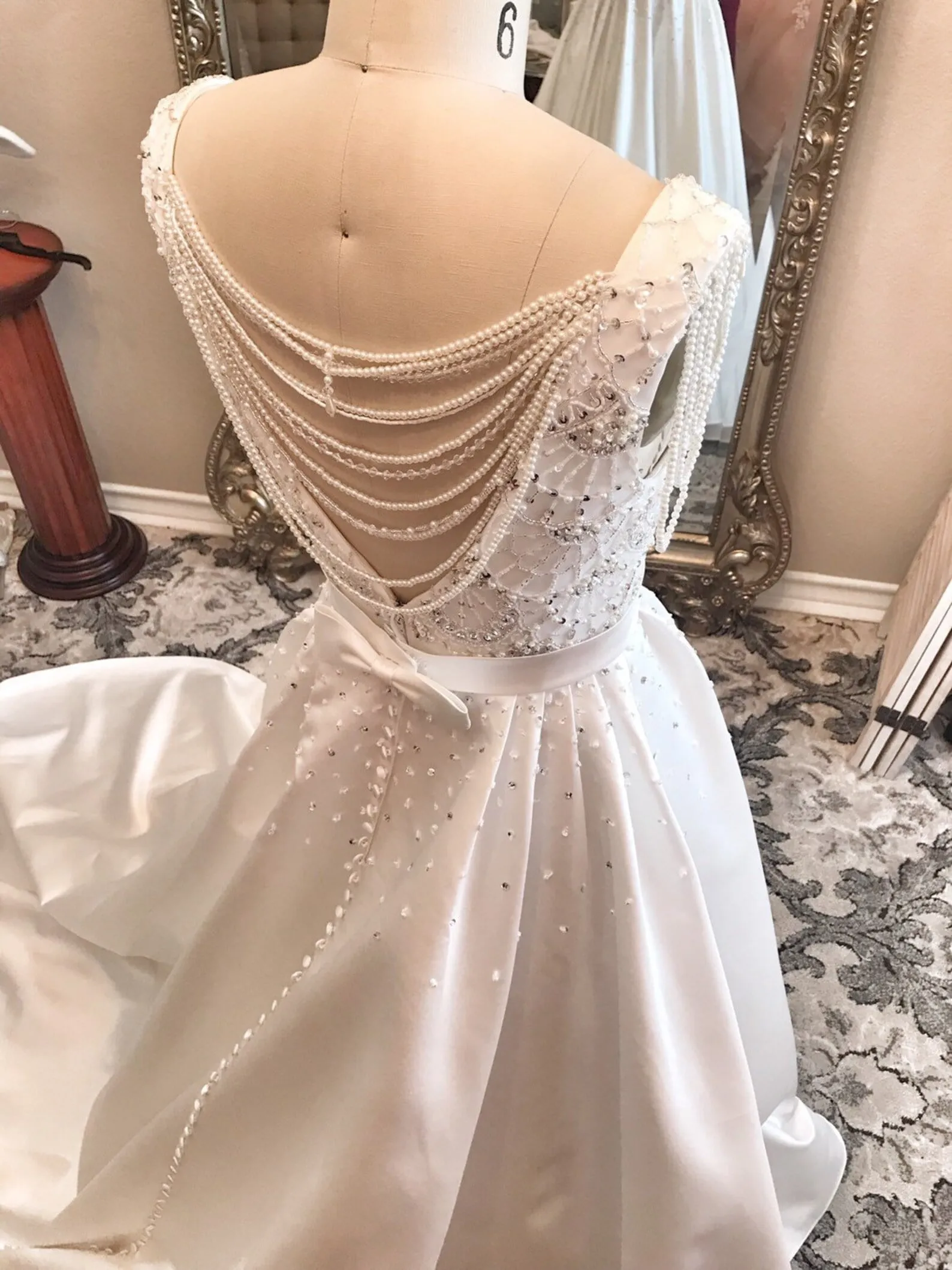 Satin Beaded Bodice Full A-Line Wedding Dress Teal with Pearl Details