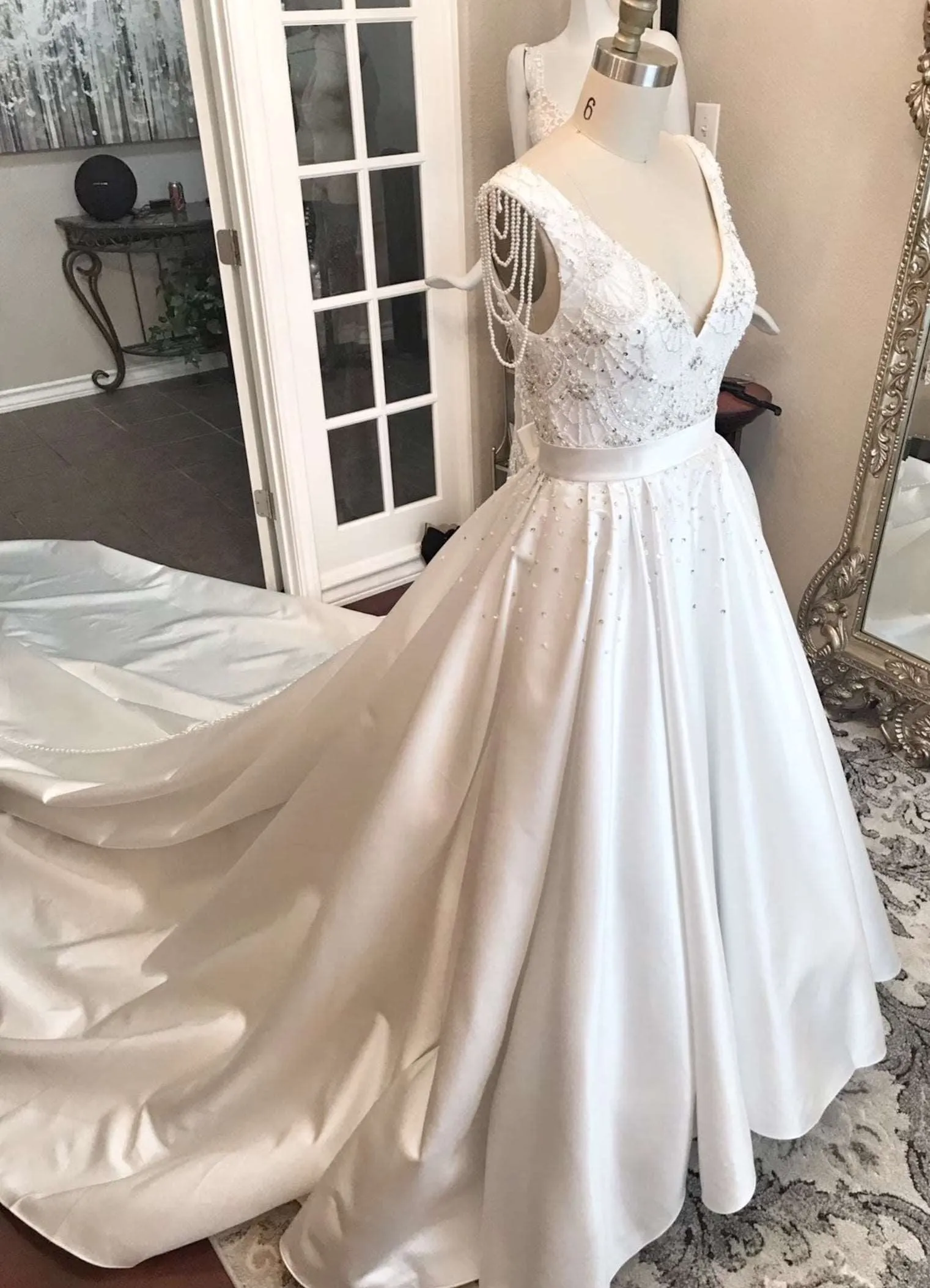 Satin Beaded Bodice Full A-Line Wedding Dress Teal with Pearl Details