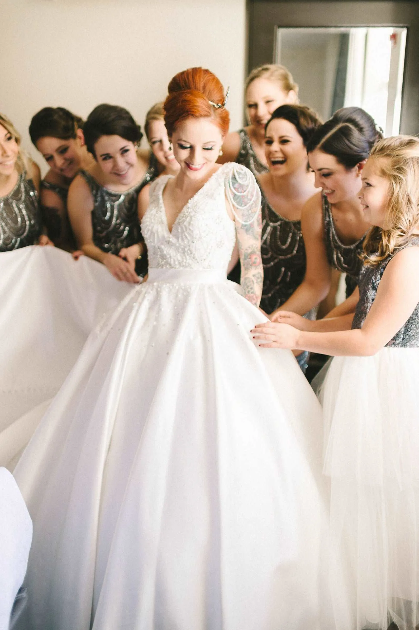 Satin Beaded Bodice Full A-Line Wedding Dress Teal with Pearl Details