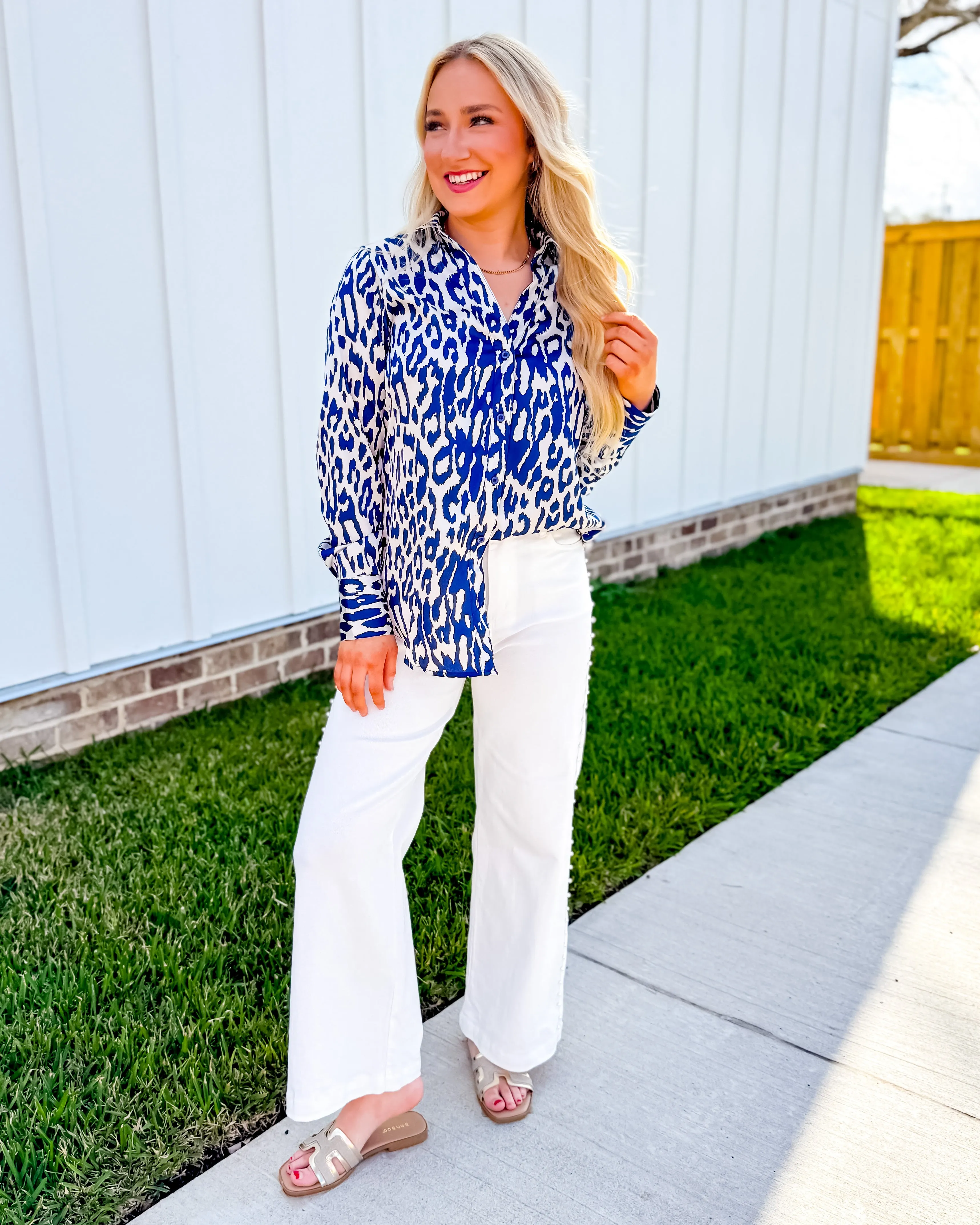 Satin Button Down Animal Print Shirt