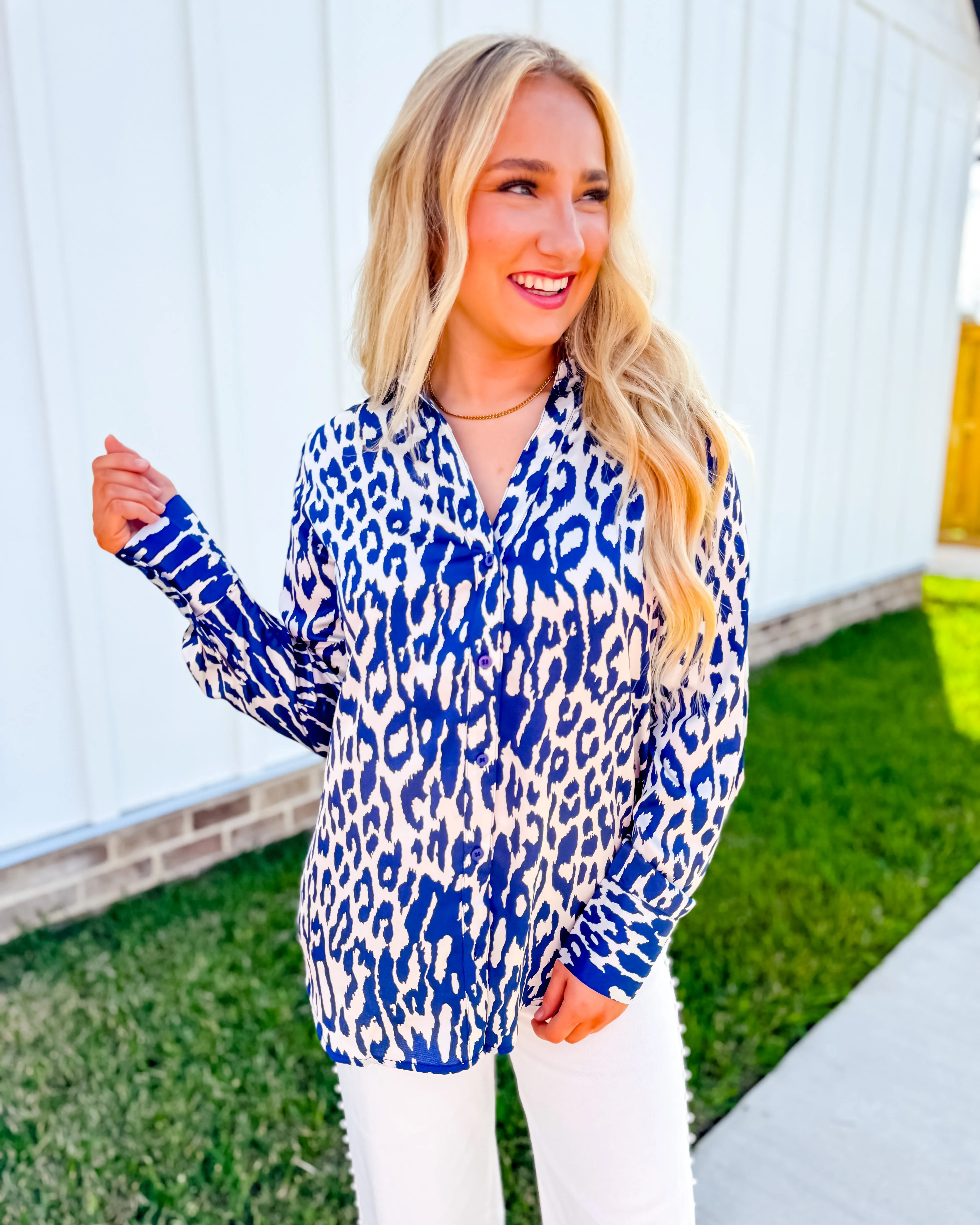 Satin Button Down Animal Print Shirt
